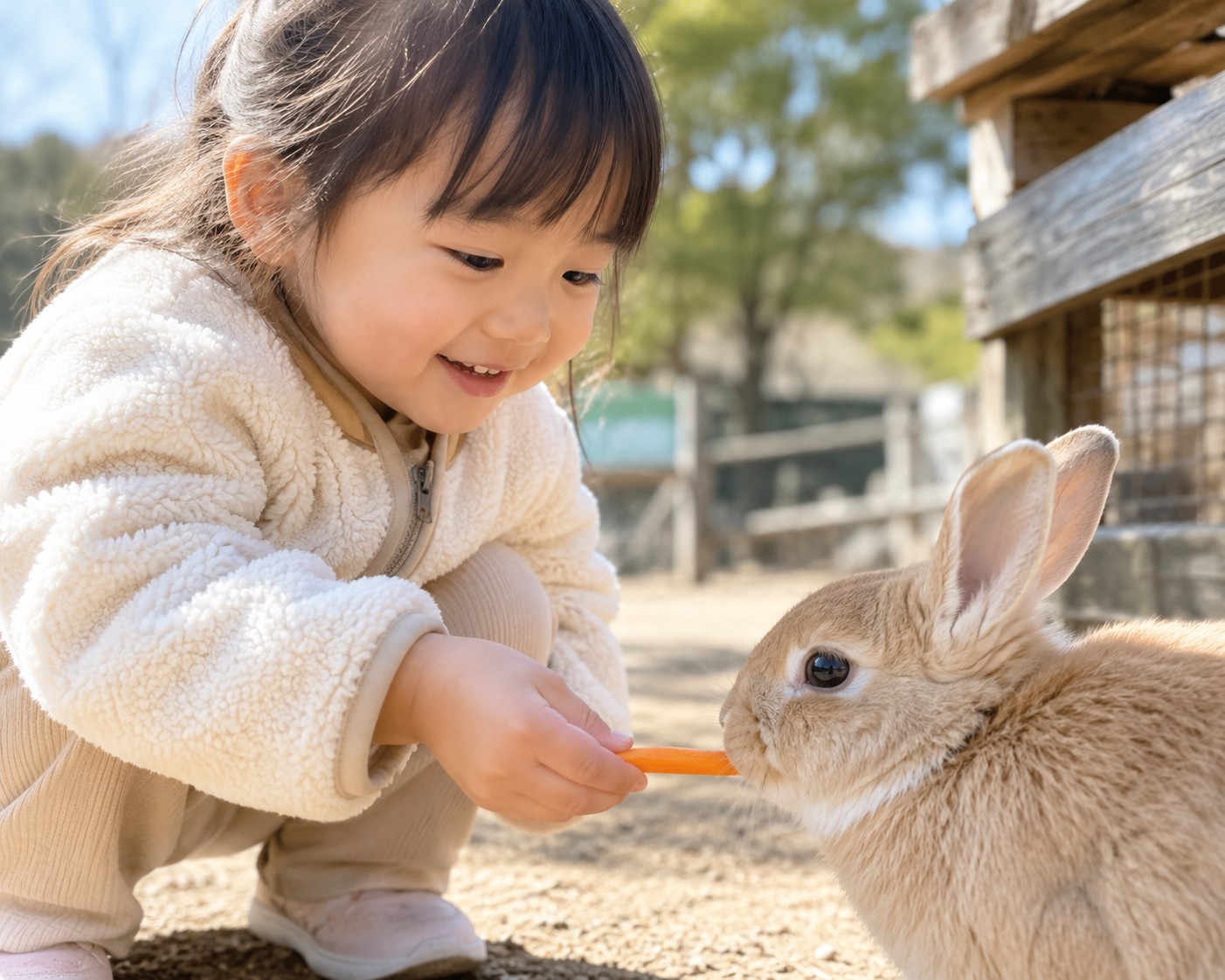 うさぎにおやつをあげている子ども